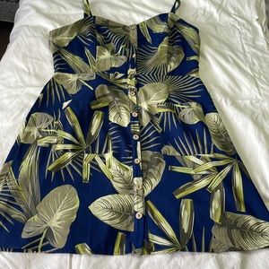 Blue Tropical Plant Spaghetti Strap Dress